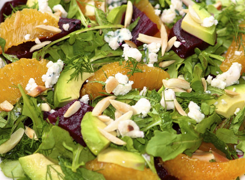 Slow Roasted Beet, Blue Cheese, Arugula and Blood Orange salad with Tangerine dressing