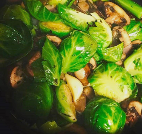 Caramelized Brussels Sprouts with Cremini Mushrooms and Pomegranate Balsamic